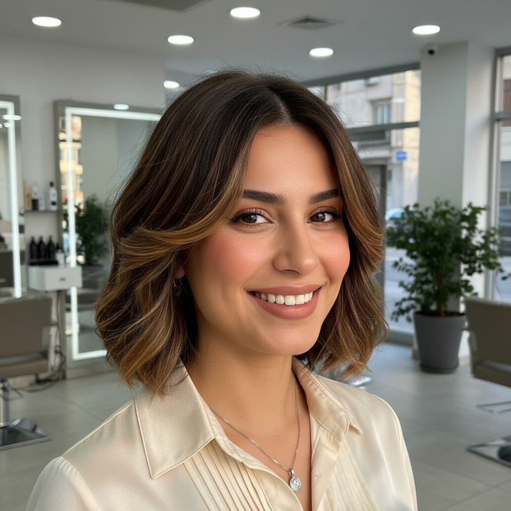 Mutlu müşteri yeni saç stili ile gülümsüyor